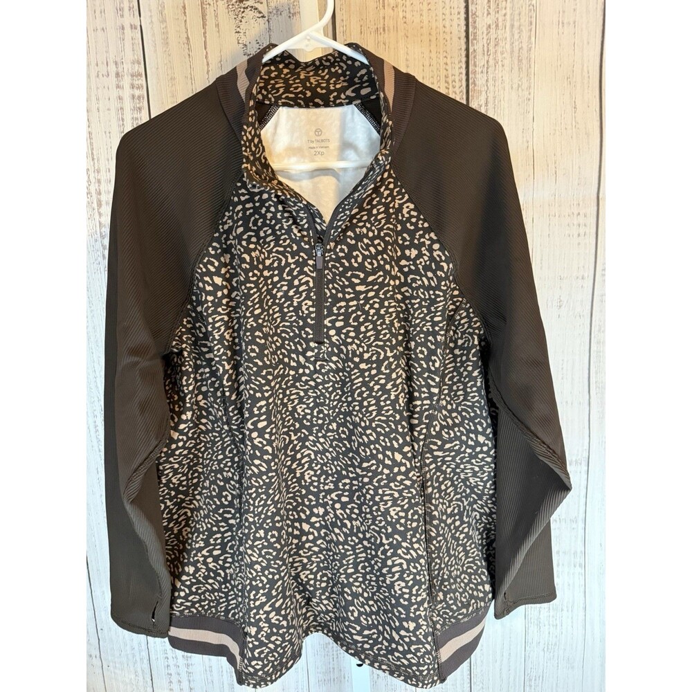 T By Talbots Women’s 1/4 Zip Pullover Top 2Xp Brown Leopard